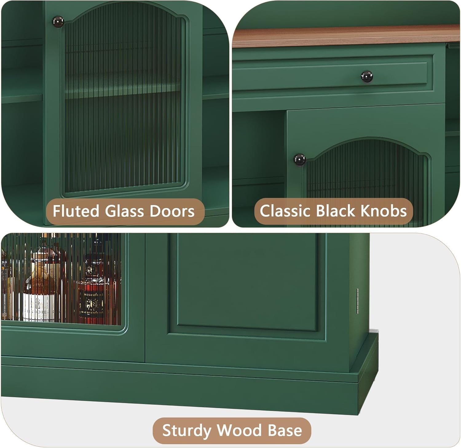 Green cabinet with fluted glass doors, classic black knobs, and sturdy wood base.