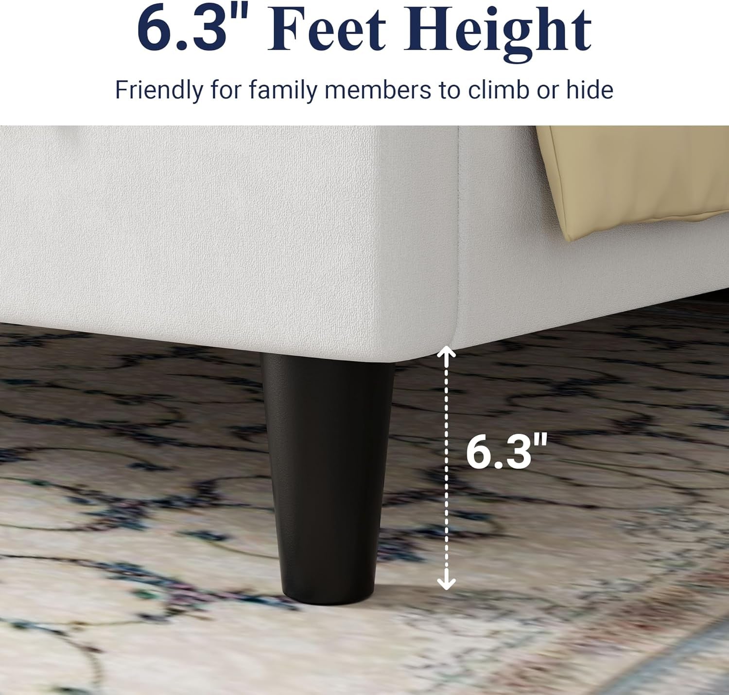 Sofa with a leg height measurement of 6.3 inches on a patterned rug.