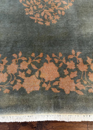 Teal Chinese Wool Rug 6x8, Vintage Handmade Carpet, Floral, Semi Open Field-4