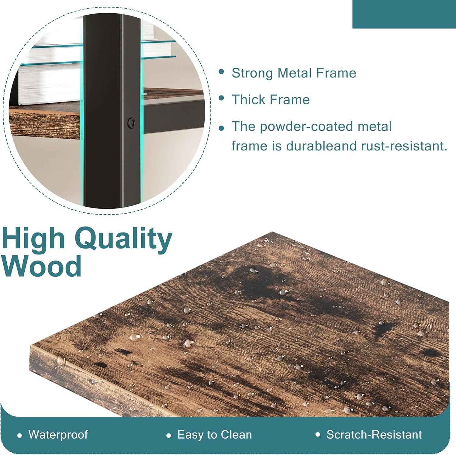 Wooden surface with text highlighting features like strong metal frame, high-quality wood, waterproof, easy to clean, and scratch-resistant.