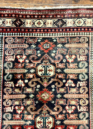 Persian Wide Runner Rug 4.8 x 10, Persian Kalegi Ardabil Rug, Perpedil Caucasian Rug, Antique Handmade Wool Carpet, Navy Blue Red, Tribal Rug-2