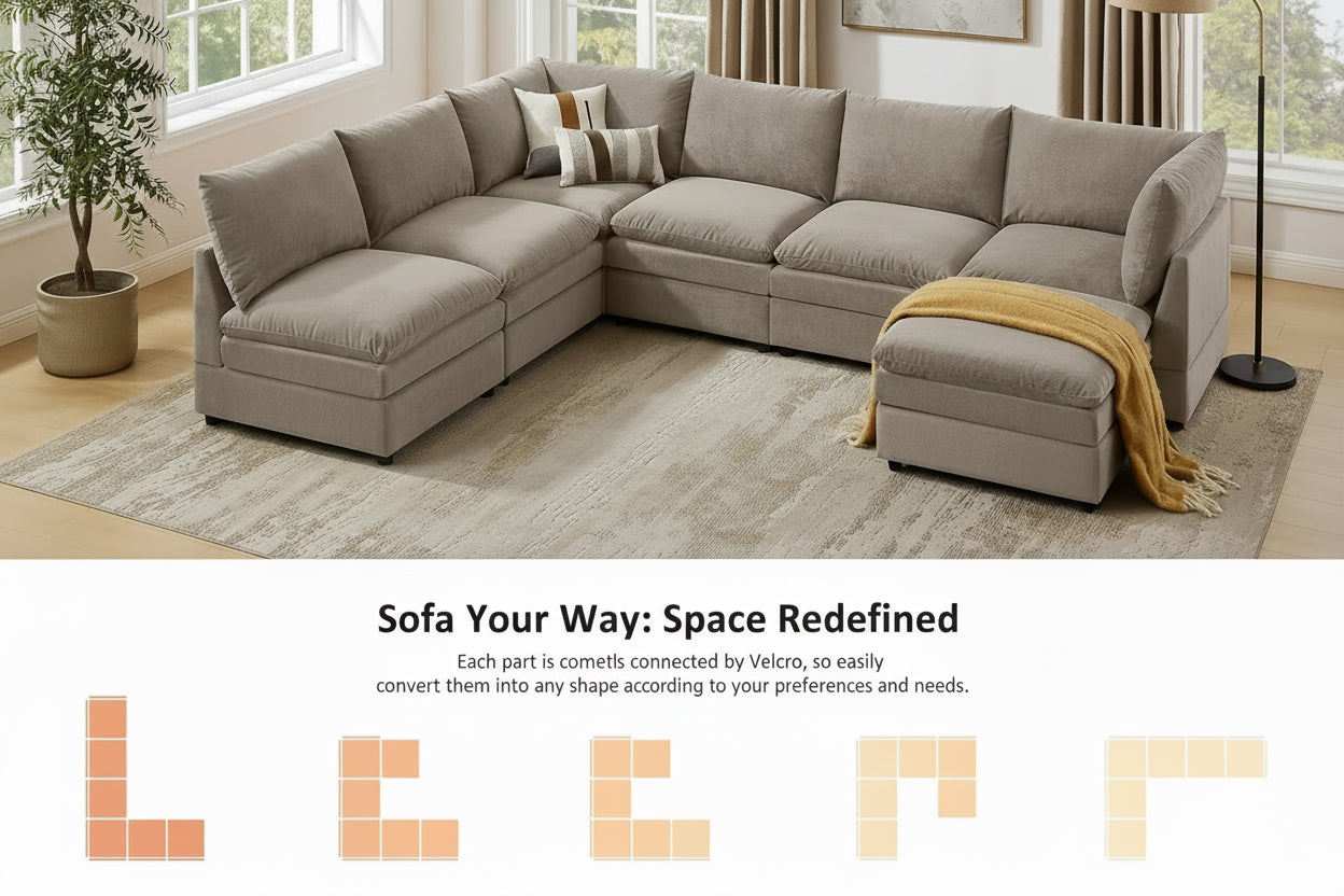 Gray sectional sofa in a living room with a yellow blanket, surrounded by windows and decor.