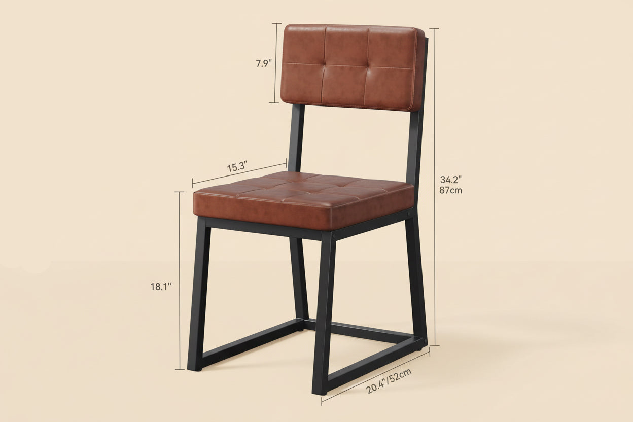 Brown leather chair with black metal frame and dimensions on a white background