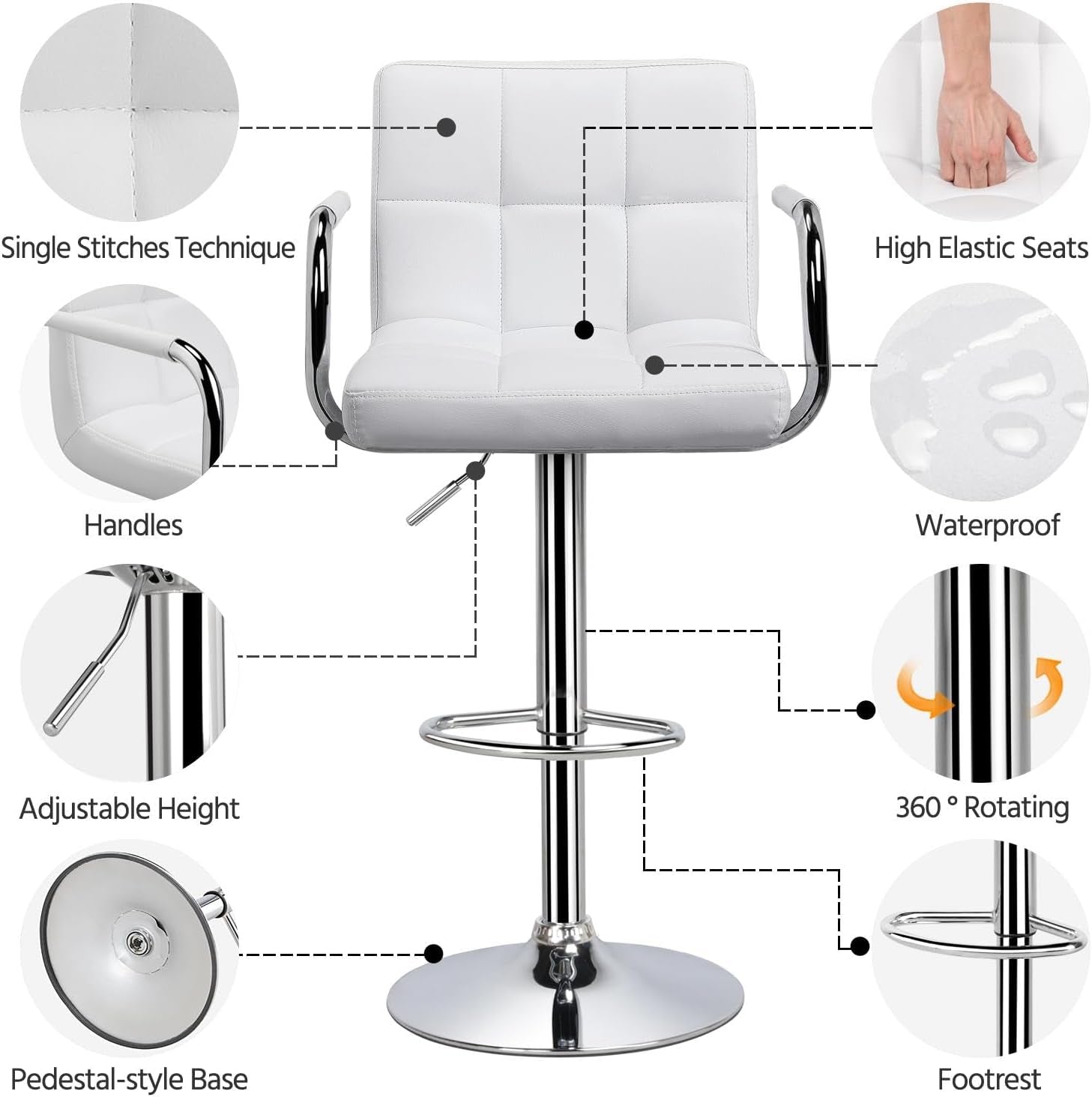 White bar stool with features highlighted on a white background