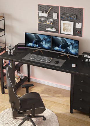 Gaming Desk with 4 Fabric Drawers & Storage Shelves, 55 Inch Computer Writing Work Study Desk for Home Office Bedroom, Modern Simple Student PC Desks Table, Black-1