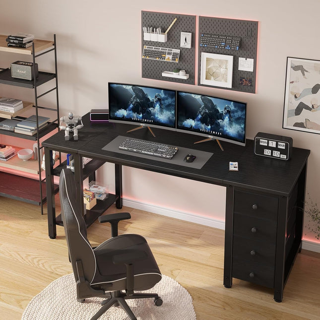 Gaming Desk with 4 Fabric Drawers & Storage Shelves, 55 Inch Computer Writing Work Study Desk for Home Office Bedroom, Modern Simple Student PC Desks Table, Black-1
