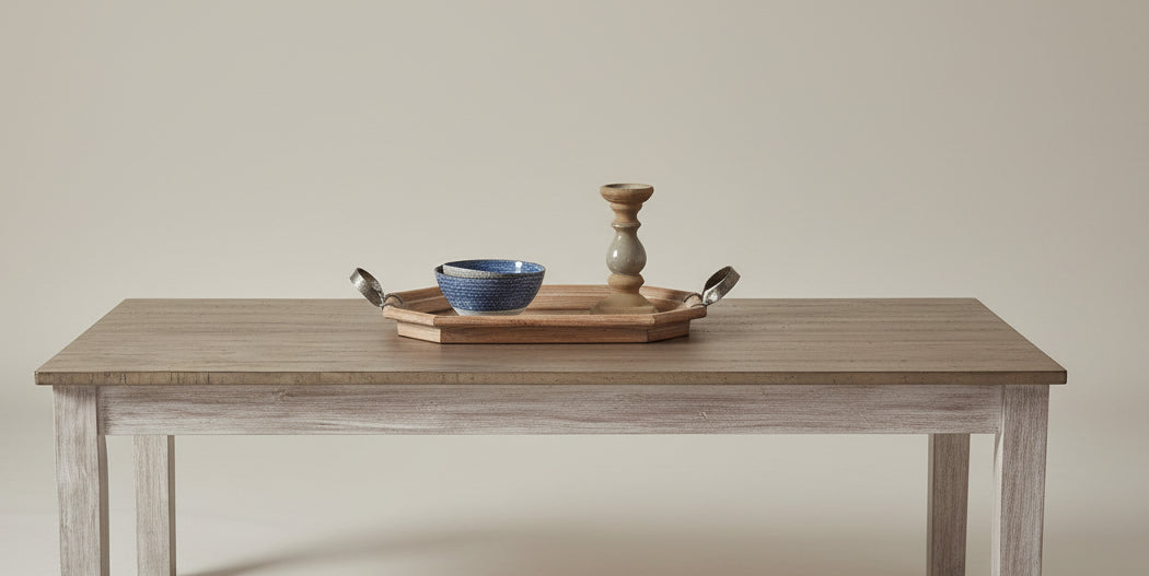 Wooden table with brown top and grayish white base, surrounded by color swatches and descriptive text.