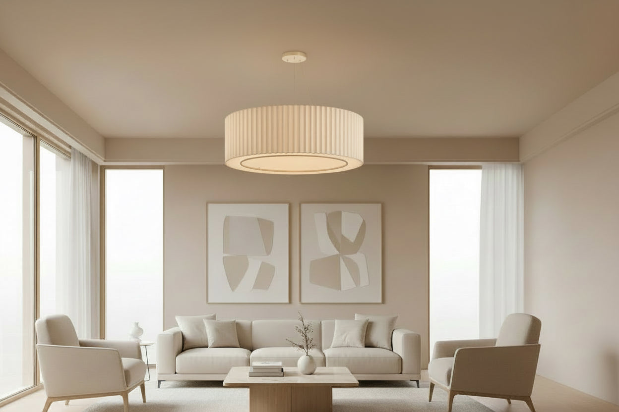 Ceiling light fixture in a bedroom setting with a bed and side table.