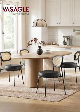 Dining Chairs, Set of 4 Dining Room Chairs with Boho PE Rattan Back, Synthetic Leather Upholstered Accent Chairs for Kitchen Living Room, Ink Black ULDC160B24-2