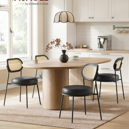 Dining Chairs, Set of 4 Dining Room Chairs with Boho PE Rattan Back, Synthetic Leather Upholstered Accent Chairs for Kitchen Living Room, Ink Black ULDC160B24-2