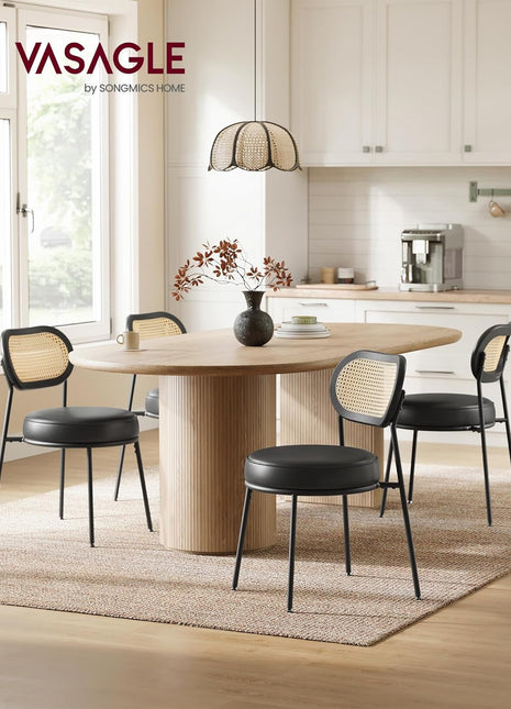 Dining Chairs, Set of 4 Dining Room Chairs with Boho PE Rattan Back, Synthetic Leather Upholstered Accent Chairs for Kitchen Living Room, Ink Black ULDC160B24-2
