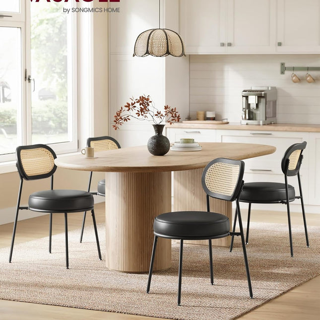 Dining Chairs, Set of 4 Dining Room Chairs with Boho PE Rattan Back, Synthetic Leather Upholstered Accent Chairs for Kitchen Living Room, Ink Black ULDC160B24-2