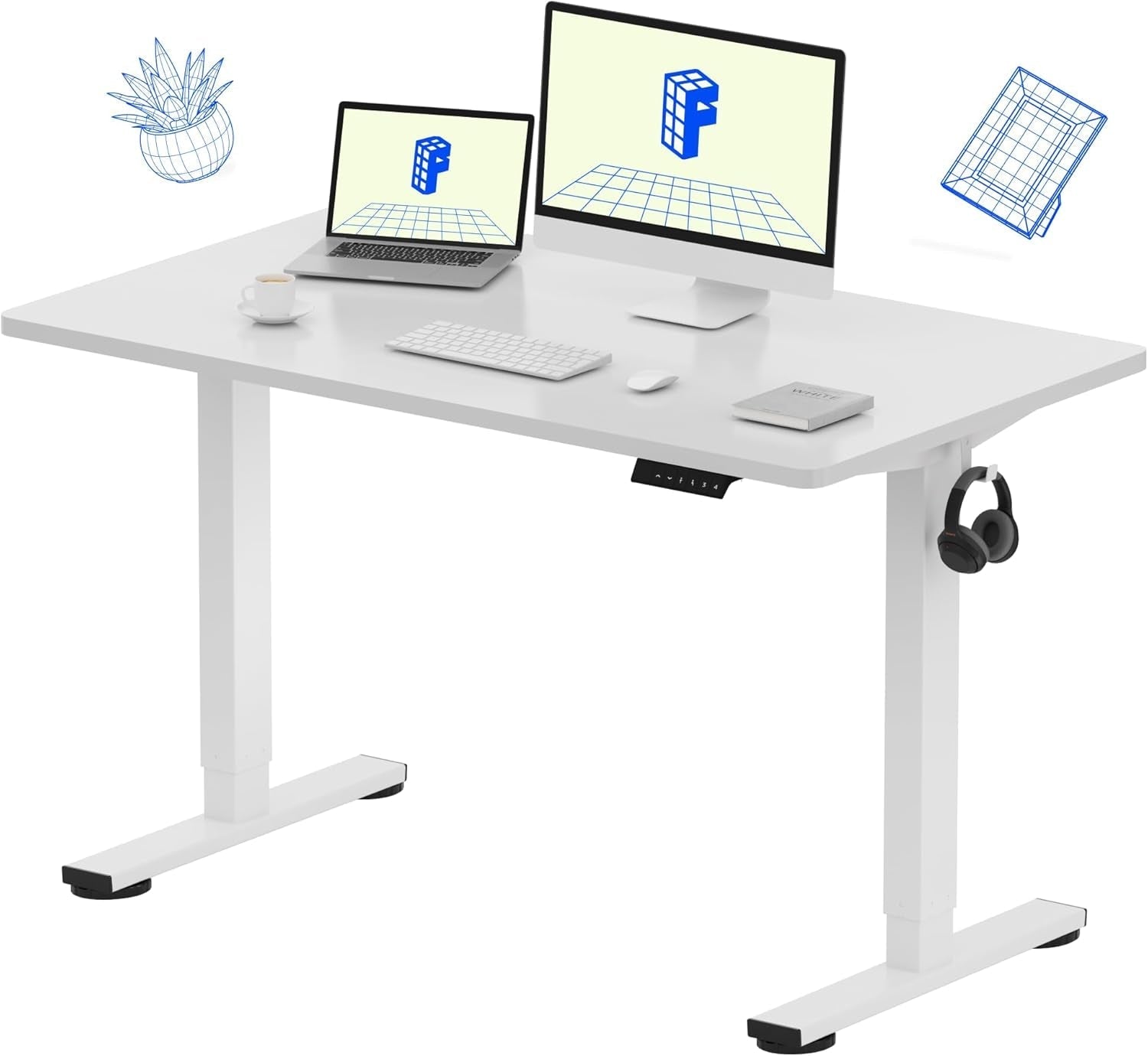 EN1 One-Piece Standing Desk, 48 X 24 Inches Solid Desktop Height Adjustable Desk, Electric Sit Stand up Desk Home Office Desks (White Frame + White Desktop)-0