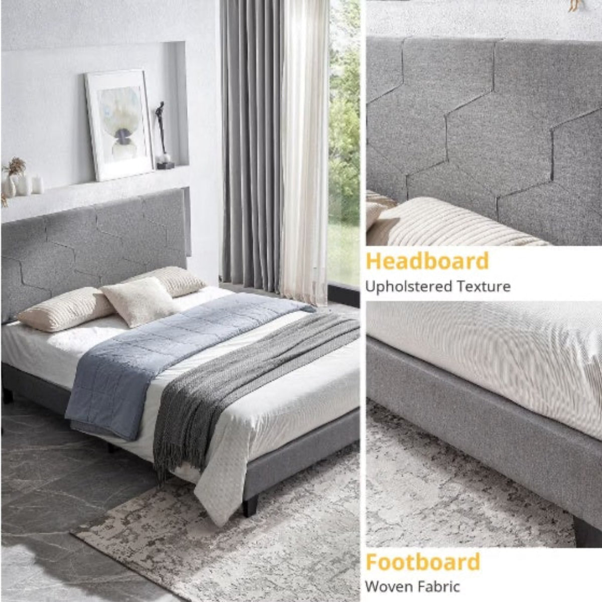 Bedroom with upholstered headboard and woven fabric footboard, close-up of headboard and footboard.
