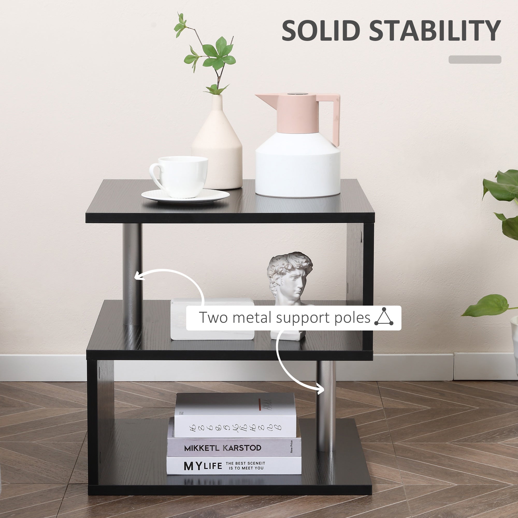 Coffee End Table S shape 2 Tier Storage Shelves Organizer Versatile Home office furniture (Black)-4