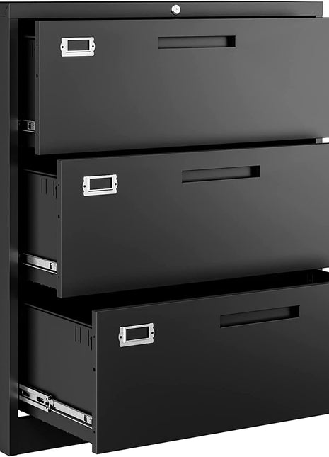 Lateral 3 Drawer File Cabinets with Lock, Metal Filing Storage Vertical Cabinets,Home Office Furniture for Organization Hanging Letter/Legal/F4/A4(Black)