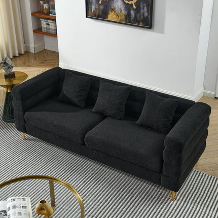 81 Inch Oversized 3 Seater Sectional Sofa, Living Room Comfort Fabric Sectional Sofe-Deep Seating Sectional Sofa, Soft Sitting with 3 Pillows for Living Room,Bedroom,Office, Black teddy(W834S00035)-2