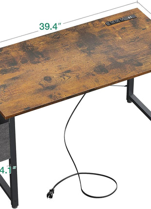 Small Desk with Power Outlets and USB Port Computer Desk for Home Office Gaming Simple Modern Style Writing Desks with Storage Bag Headphone Hook, 40 Inch, Rustic Brown-2