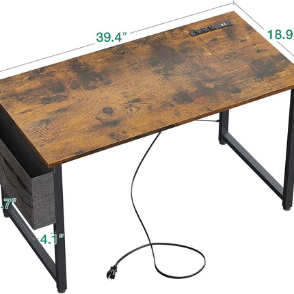 Small Desk with Power Outlets and USB Port Computer Desk for Home Office Gaming Simple Modern Style Writing Desks with Storage Bag Headphone Hook, 40 Inch, Rustic Brown-2