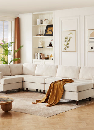 Modern Modular Sectional couch,6 Seaters Sleeper Sofa Upholstered Corduroy Free Combination Sofa(Beige)