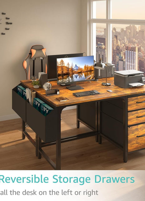 Computer Desk with Fabric File Drawers Cabinet, 47 Inch Home Office Desks with Filing Cabinet for Small Space, Study Writing Table PC Desks, Rustic Brown-3