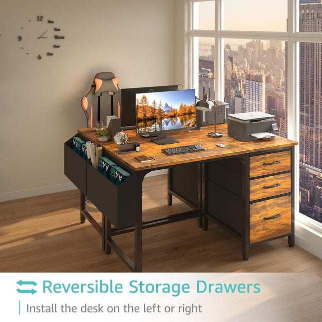 Computer Desk with Fabric File Drawers Cabinet, 47 Inch Home Office Desks with Filing Cabinet for Small Space, Study Writing Table PC Desks, Rustic Brown-3