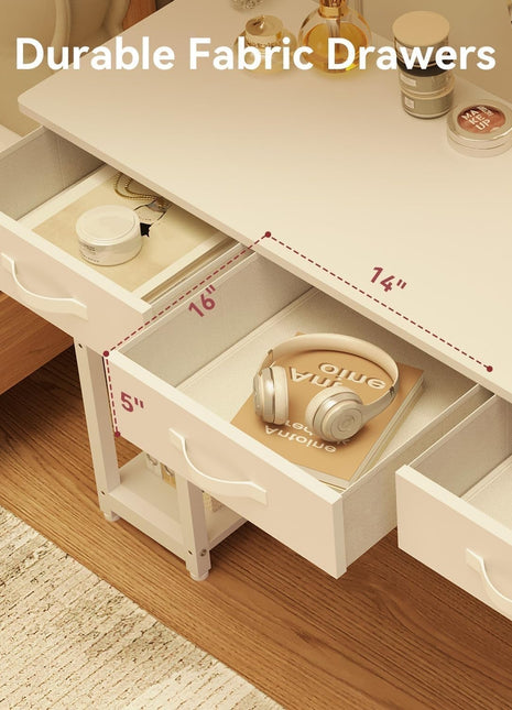 White Vanity Desk, Computer and Study Desk with Fabric Drawers & Side Storage Bag, No Mirror. Makeup Vanity Table, Home Office Desk, Modern Writing Desk, 48"X16".-3