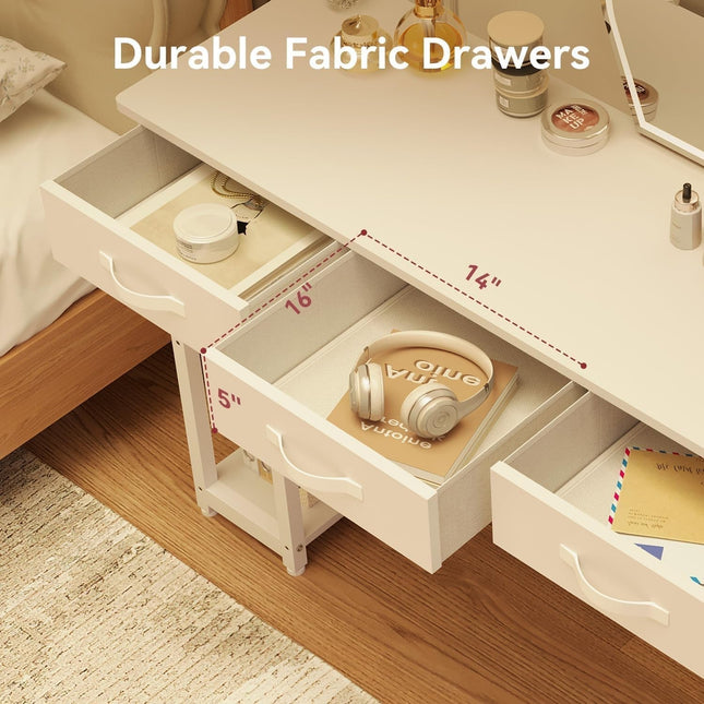 White Vanity Desk, Computer and Study Desk with Fabric Drawers & Side Storage Bag, No Mirror. Makeup Vanity Table, Home Office Desk, Modern Writing Desk, 48"X16".-3