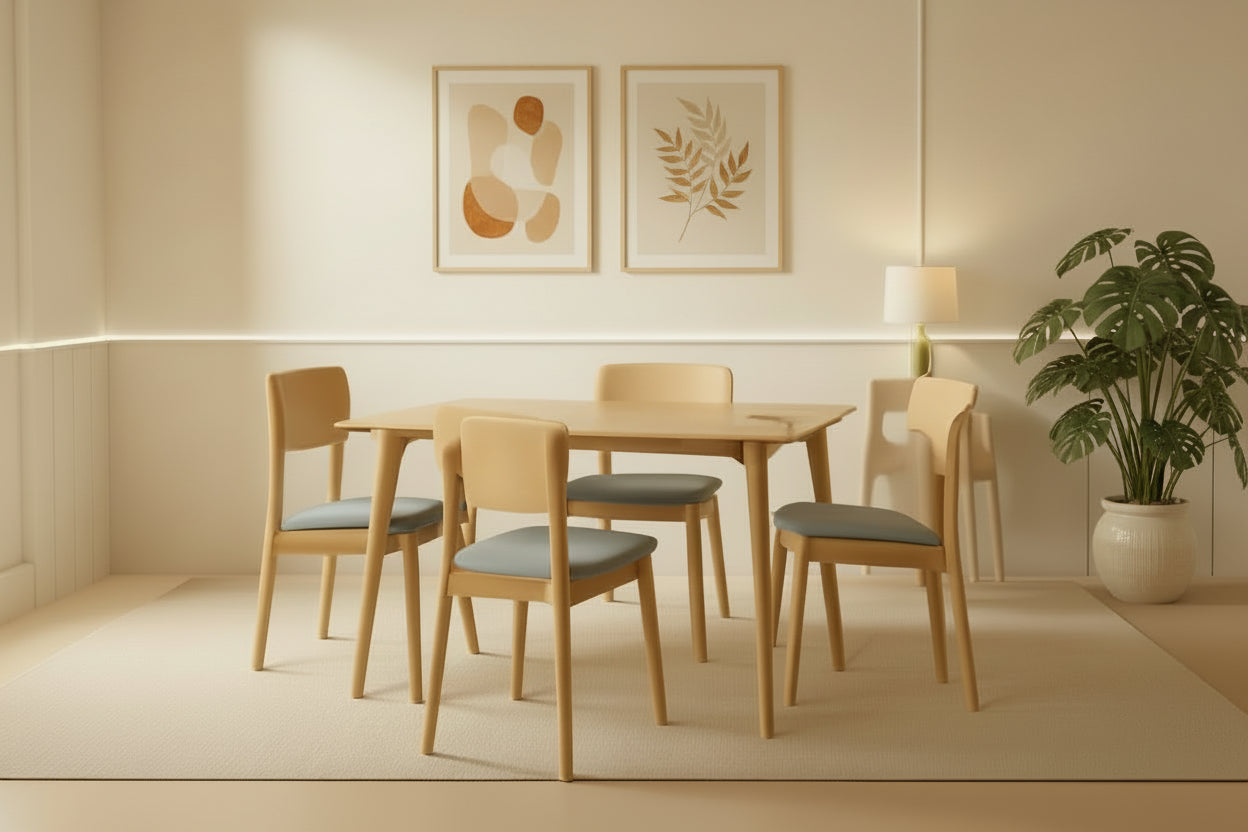 Dining table with chairs in a room with a warm color scheme