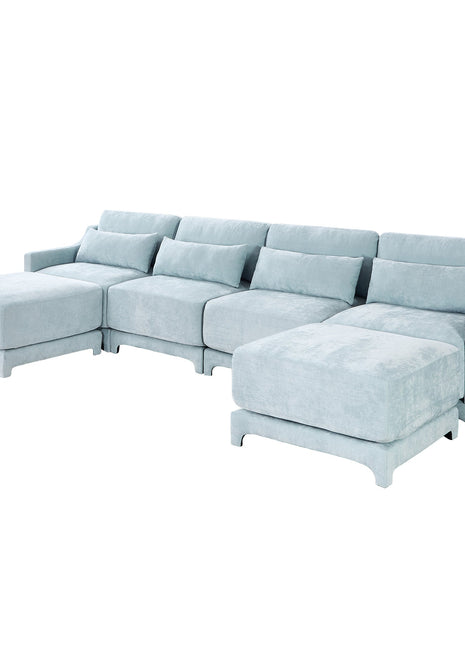 Elegant Four-Seater Sofa with Movable Ottoman and Lumbar Pillow in Sky Blue Chenille with Solid Wood Frame-0