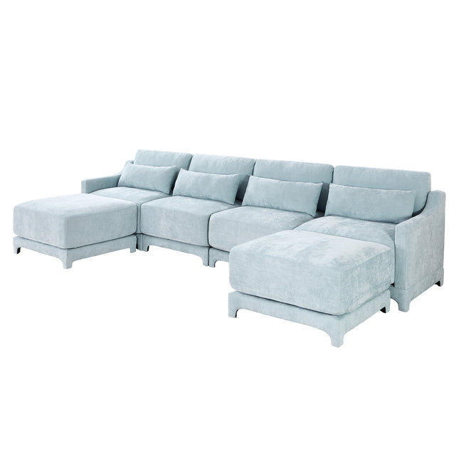 Elegant Four-Seater Sofa with Movable Ottoman and Lumbar Pillow in Sky Blue Chenille with Solid Wood Frame-0
