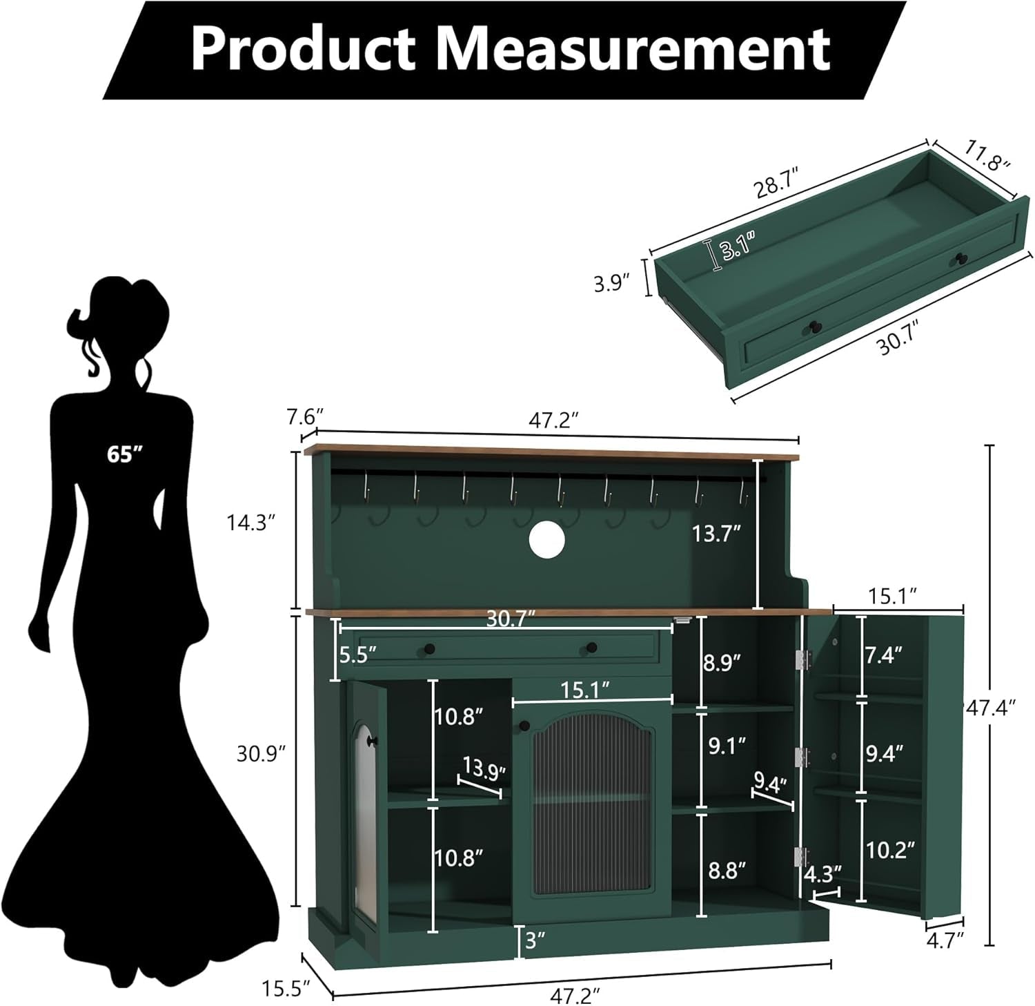 Measurement chart of a green cabinet with dimensions and a silhouette of a person for scale.