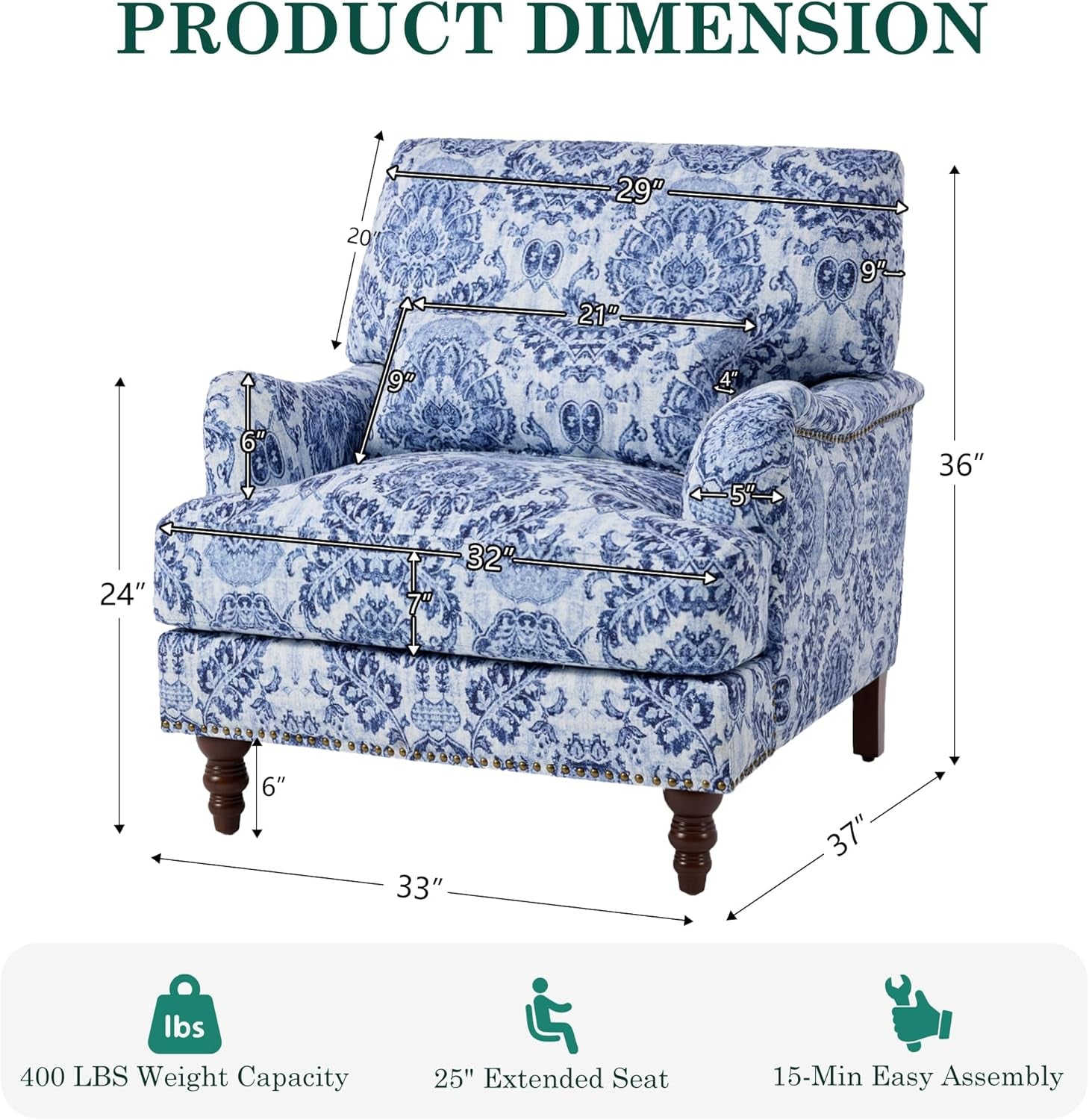 Blue patterned armchair with dimensions labeled on a white background