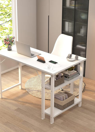 White L Shaped Computer Desk with Power Outlet Shelves, 40 Inch Small Corner Desk for Small Space Home Office, L-Shaped Desk PC Desks, White-3