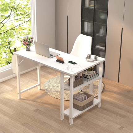 White L Shaped Computer Desk with Power Outlet Shelves, 40 Inch Small Corner Desk for Small Space Home Office, L-Shaped Desk PC Desks, White-3