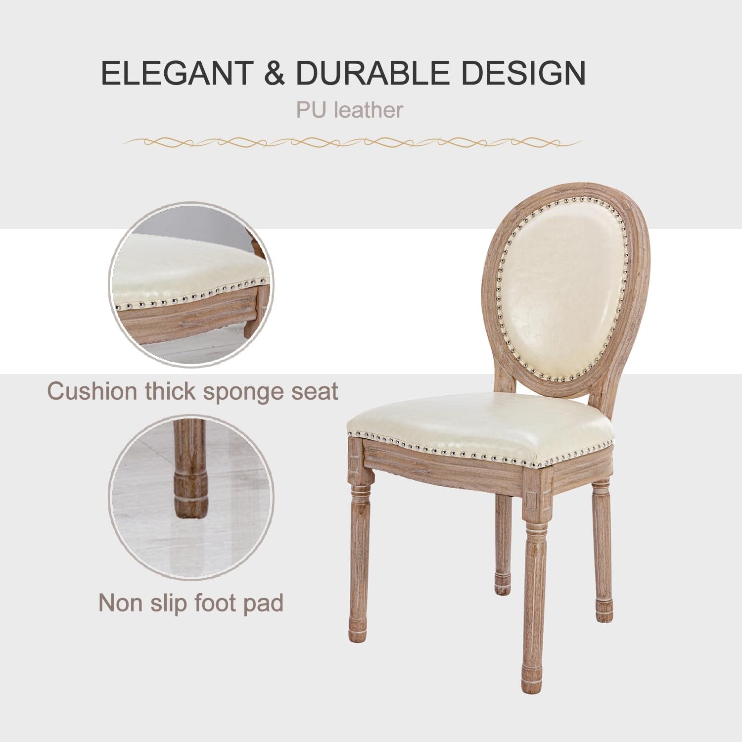 Wooden chair with white cushioned seat and backrest, featuring text on durability and features.
