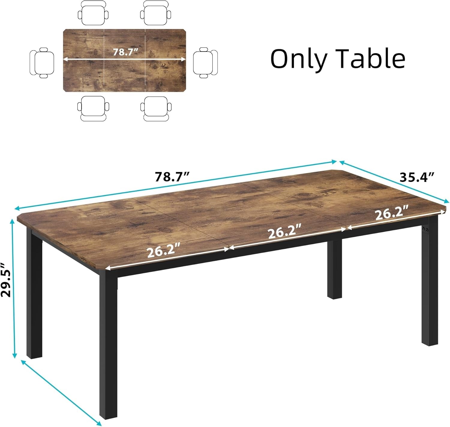 Wooden table with dimensions labeled on a white background