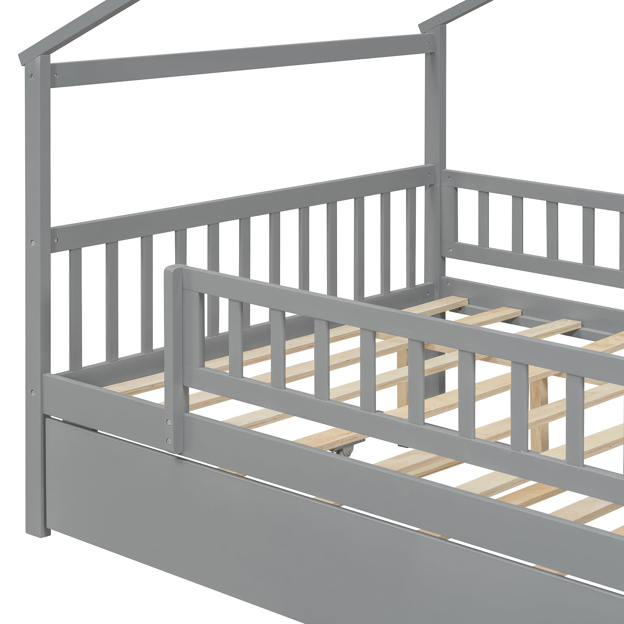 Full Size Wooden House Bed with Twin Size Trundle