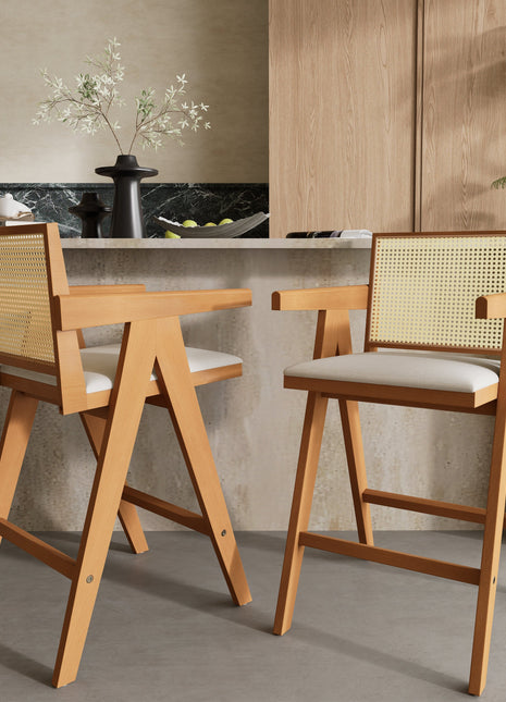 27' Height, Cream Woven Cane Plastic Backrest Bar Stool - Foam-Padded Fabric Seat & Durable Rubberwood Frame-0