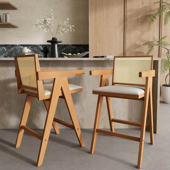 27' Height, Cream Woven Cane Plastic Backrest Bar Stool - Foam-Padded Fabric Seat & Durable Rubberwood Frame-0