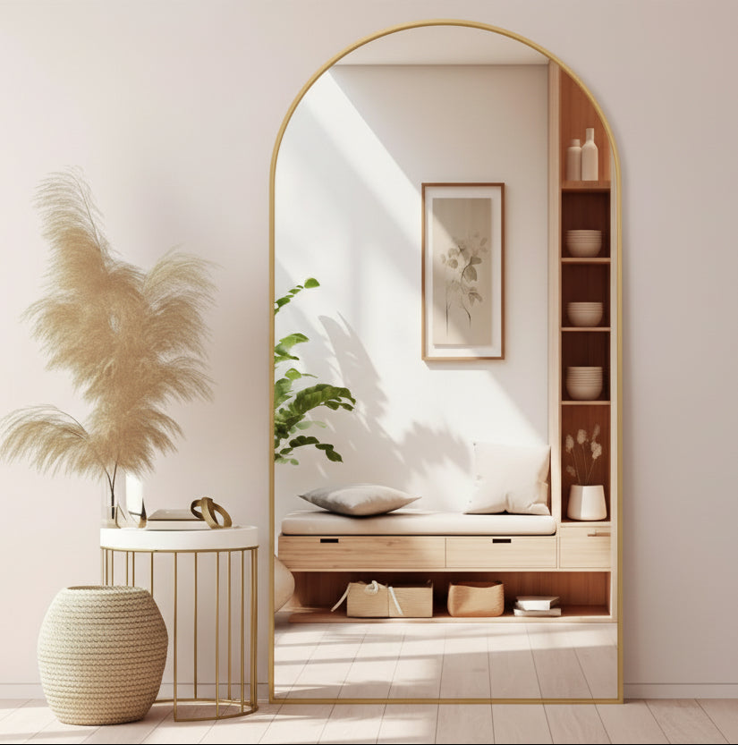 Gold-framed arch mirror in a bedroom with a bed, side table, and decor items.