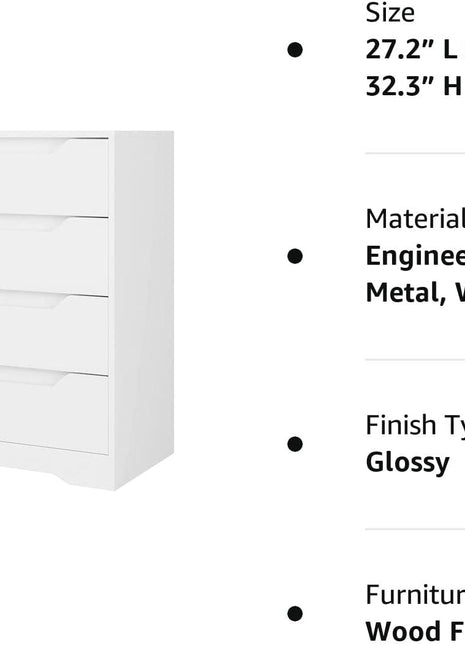 Modern 4 Drawer Dresser, White, Clothing Organizer