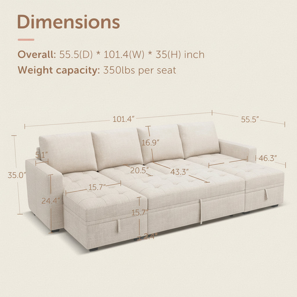 Beige sectional sofa with dimensions and weight capacity displayed on a white background
