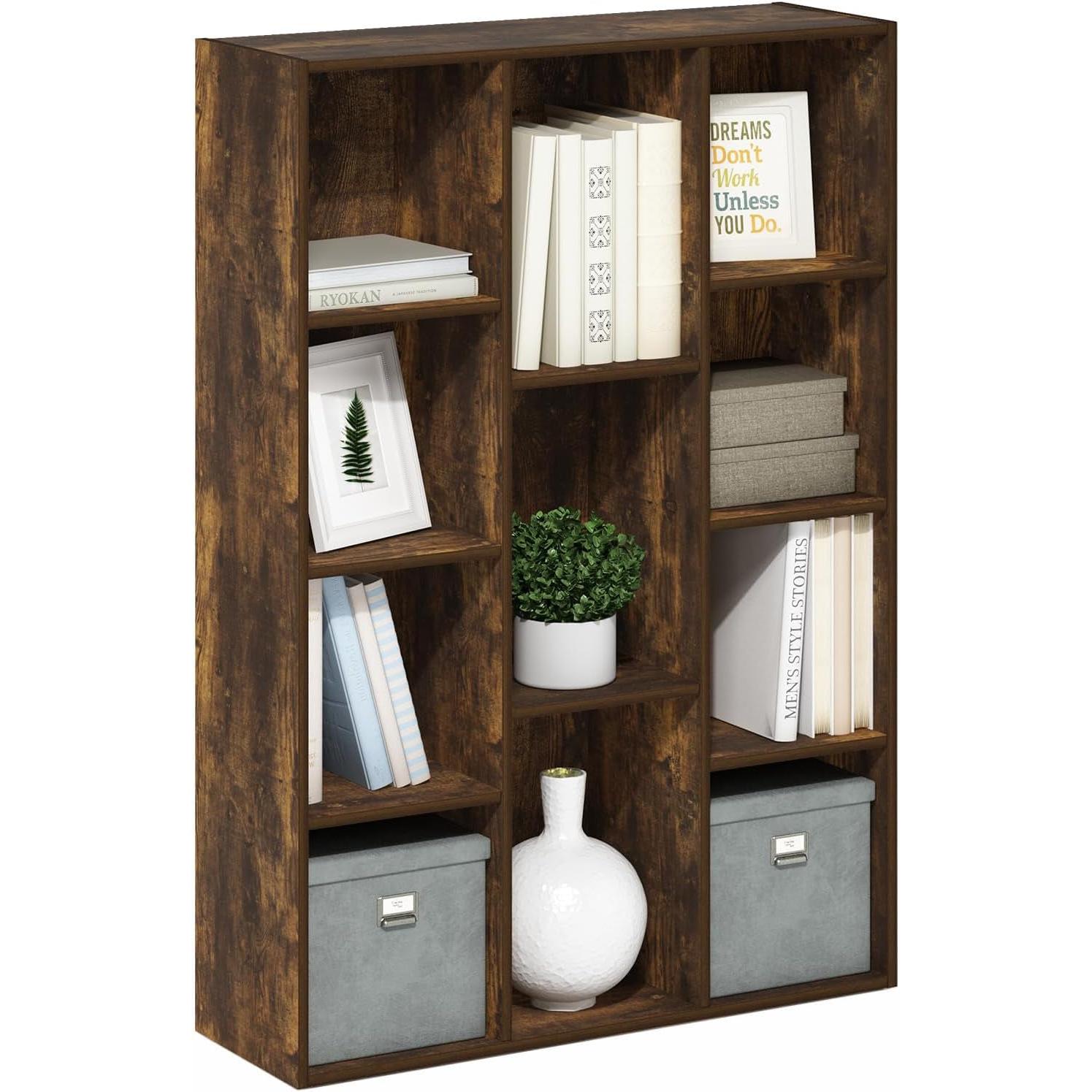 Wooden bookshelf with books, plants, and decorative items on a white background
