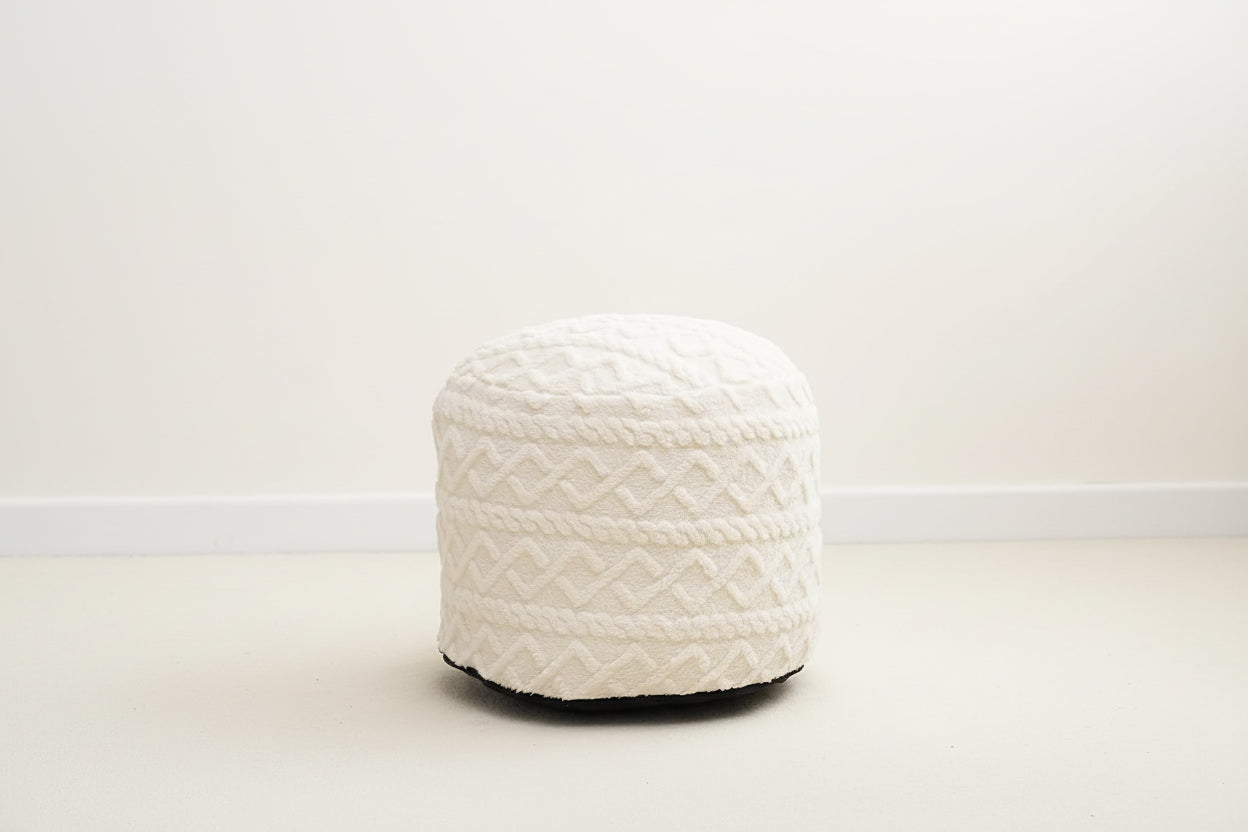 White woven pouf ottoman with additional images showing its features.