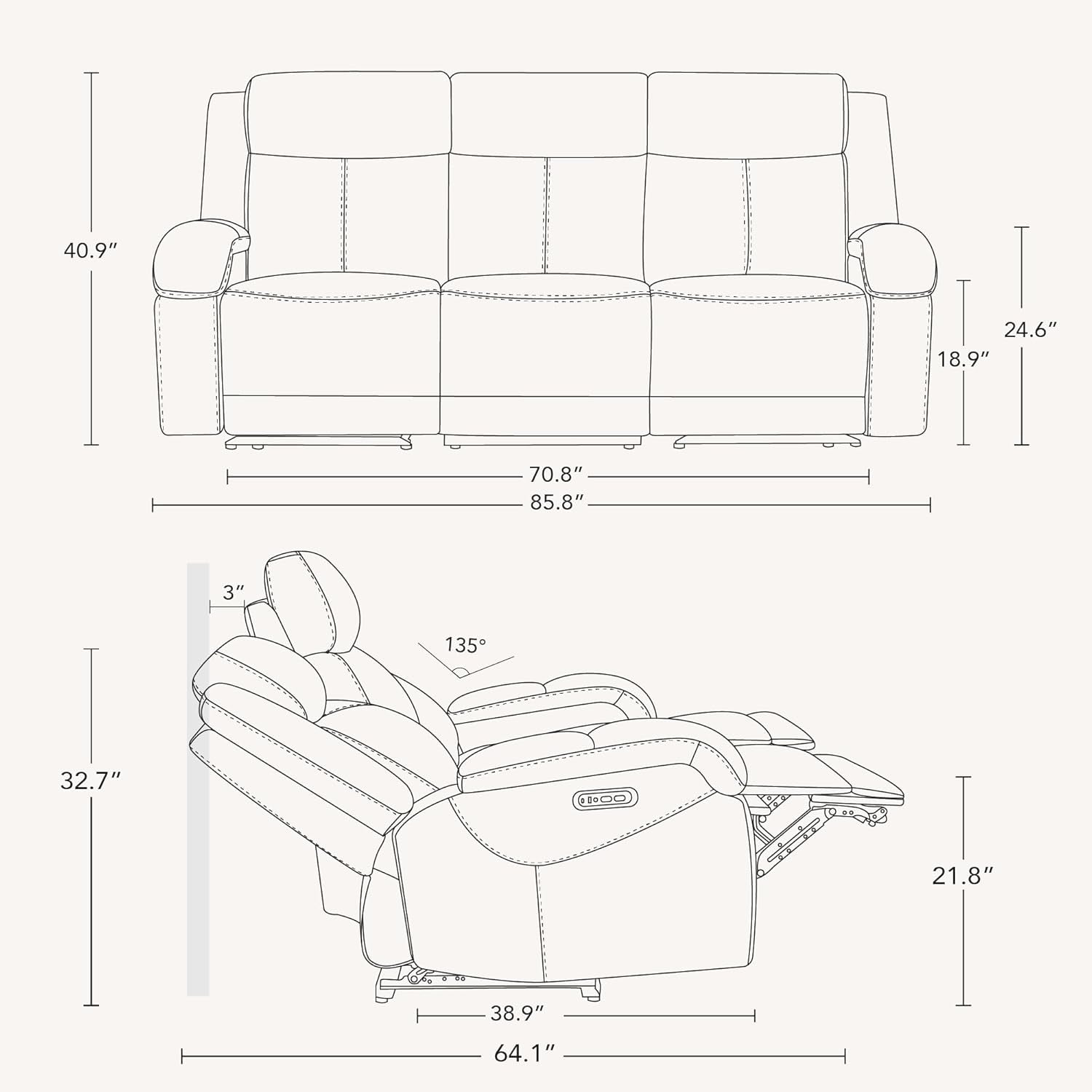 Line drawing of a recliner sofa with dimensions labeled