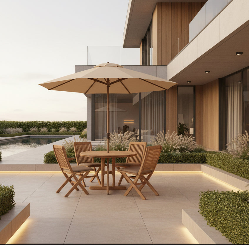 Wooden dining set with table and chairs under a large beige umbrella in a room.