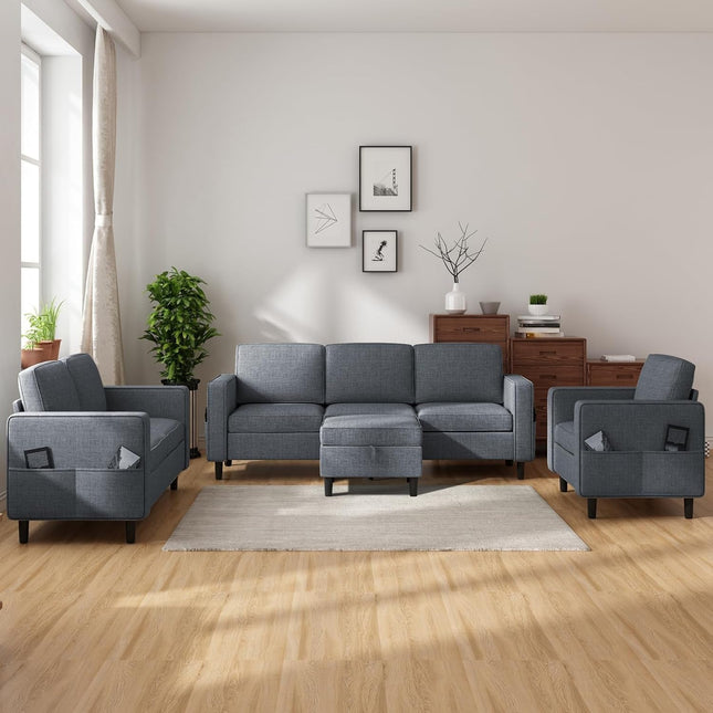 6 Seaters Sectional Upholstered Sofa, Linen Fabric Sofa Couch with Side Pockets, Free Combination Sofa Set with Movable Storage Ottoman, for Living Room-Sofa&Loveseat&Chair&Ottoman,Dark Grey