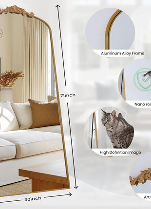 Filigree Floor Mirror, 71"L X 30"W, Gold Aluminum Alloy Framed, Modern Style, Full Length Mirror with Stand or Wall Mount, Explosion Proof, Perfect for Home Decor and Selfies-2