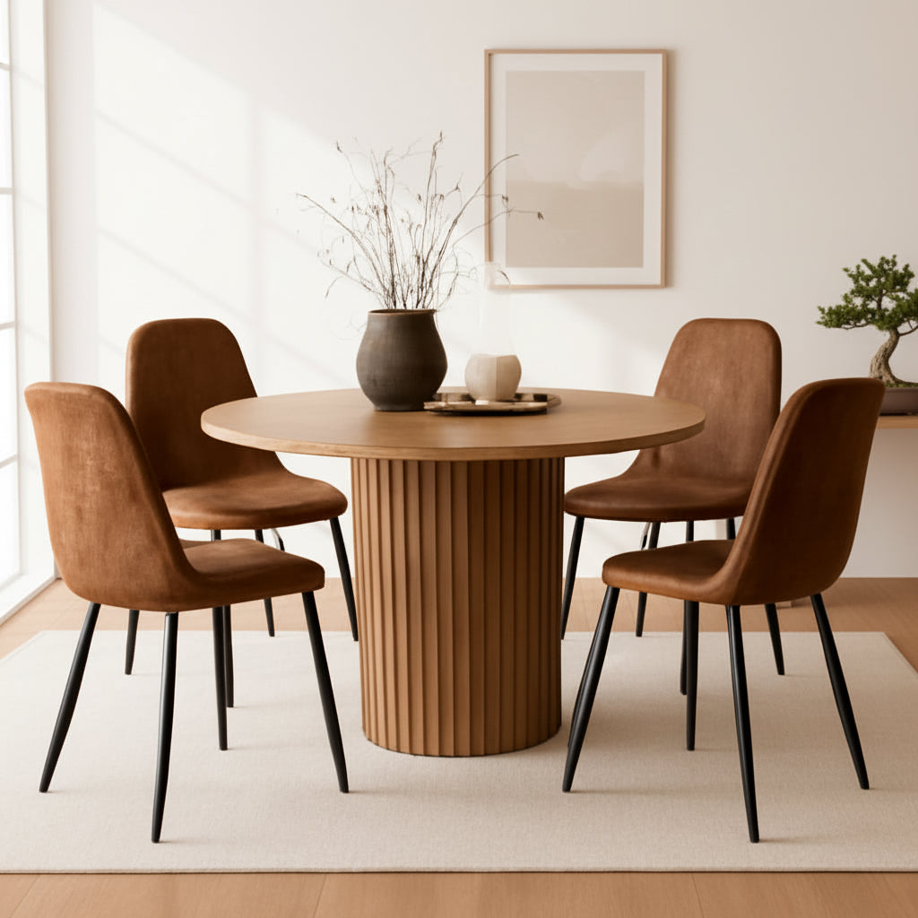Dining room with a round wooden table and four brown chairs against a beige wall.